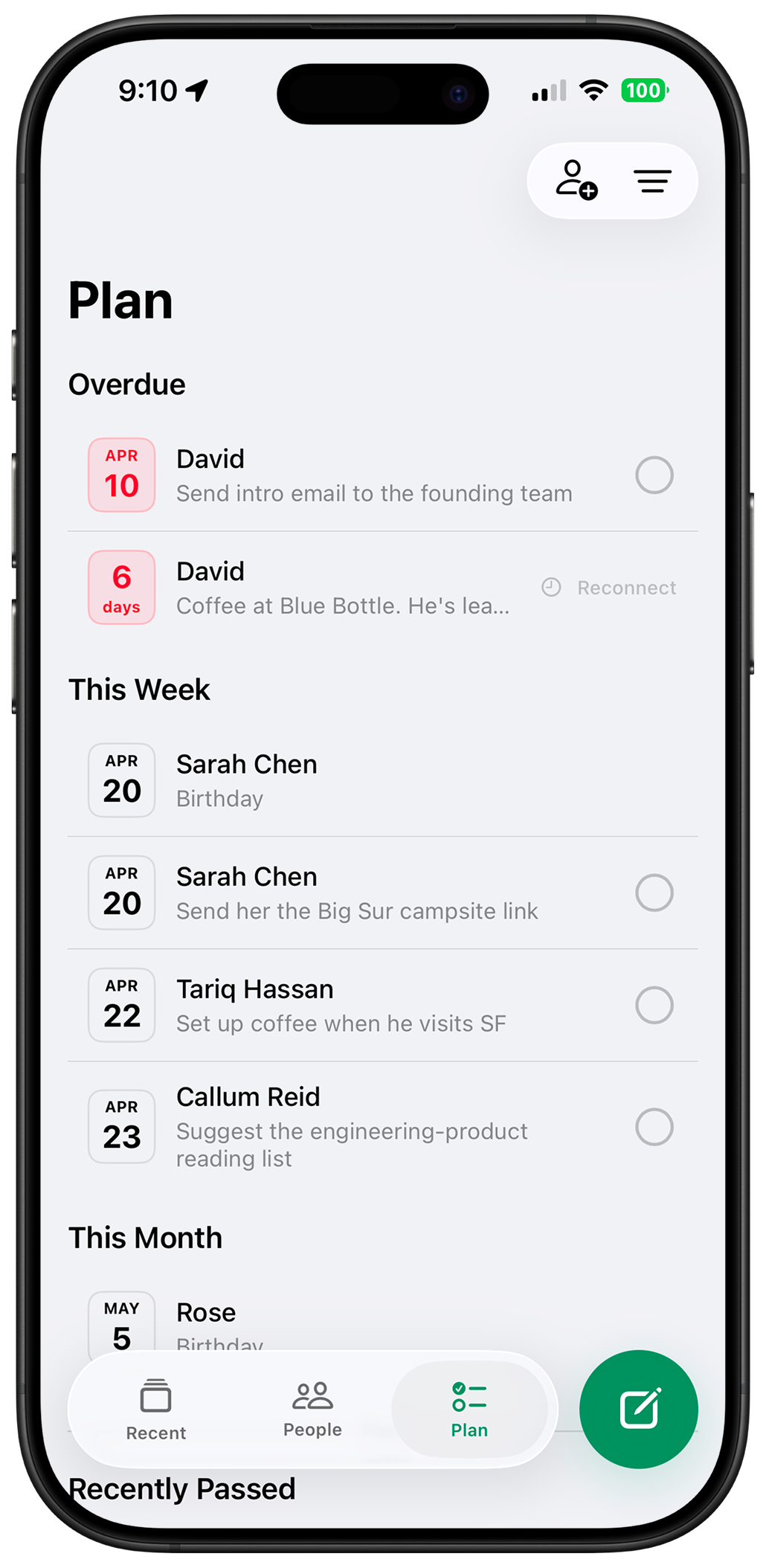 Namory reminders and plan screen